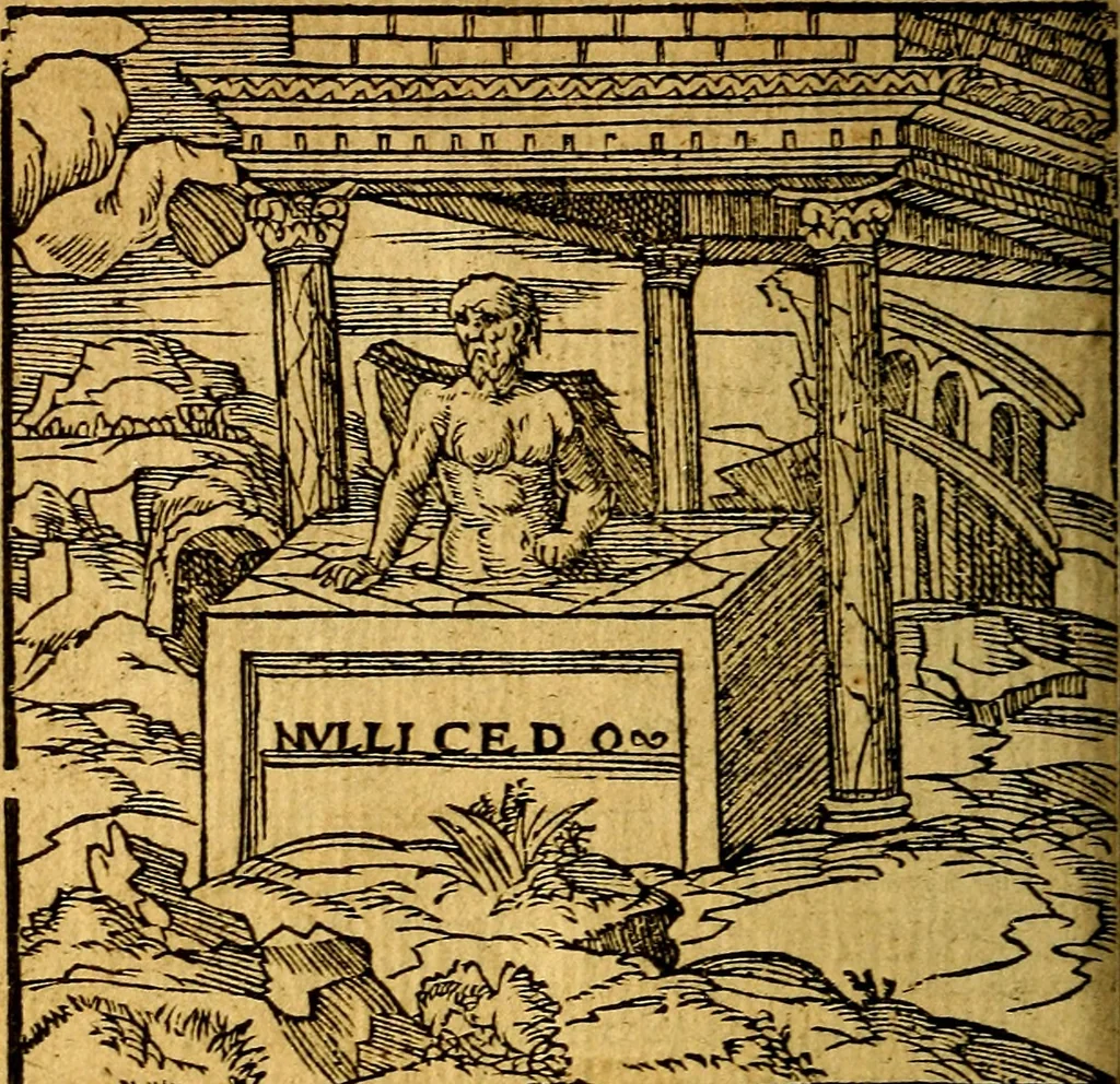 An illustration from Omnia D. And. Alciati emblemata : ad quae singula, praeter concinnas acutásque inscriptiones, lepidas & expressas imagines, ac caetera omnia, quae prioribus nostris editionibus cúm ad eorum distinctionem, tum ad ornatum & correctionem adhibita continebantur, : nunc primùm perelegantia persubtiliáq[ue] adiecta sunt epimuthia, quibus emblematum amplitudo quaecunq[ue] in iis dubia sunt aut obscura, tanquam perspicuis illustrantur, 1566, leaf 189