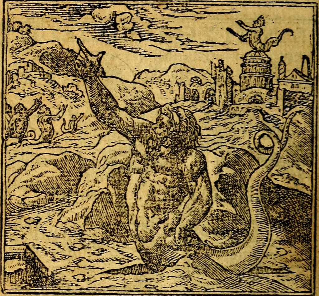 An illustration from Omnia D. And. Alciati emblemata : ad quae singula, praeter concinnas acutásque inscriptiones, lepidas & expressas imagines, ac caetera omnia, quae prioribus nostris editionibus cúm ad eorum distinctionem, tum ad ornatum & correctionem adhibita continebantur, : nunc primùm perelegantia persubtiliáq[ue] adiecta sunt epimuthia, quibus emblematum amplitudo quaecunq[ue] in iis dubia sunt aut obscura, tanquam perspicuis illustrantur, 1566, leaf 19