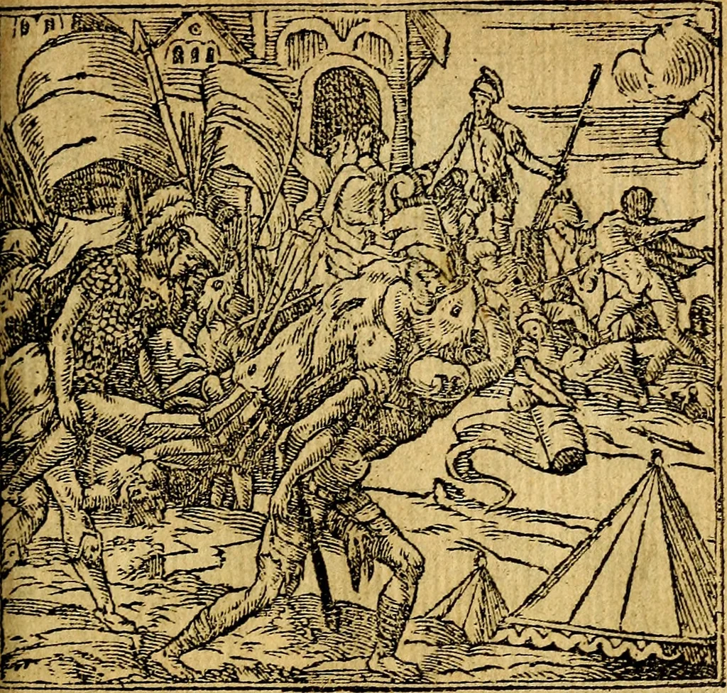 An illustration from Omnia D. And. Alciati emblemata : ad quae singula, praeter concinnas acutásque inscriptiones, lepidas & expressas imagines, ac caetera omnia, quae prioribus nostris editionibus cúm ad eorum distinctionem, tum ad ornatum & correctionem adhibita continebantur, : nunc primùm perelegantia persubtiliáq[ue] adiecta sunt epimuthia, quibus emblematum amplitudo quaecunq[ue] in iis dubia sunt aut obscura, tanquam perspicuis illustrantur, 1566, leaf 190