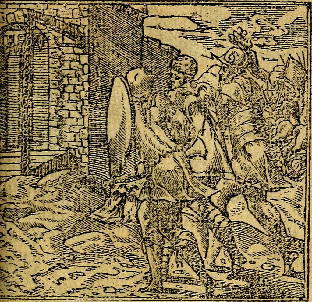 An illustration from Omnia D. And. Alciati emblemata : ad quae singula, praeter concinnas acutásque inscriptiones, lepidas & expressas imagines, ac caetera omnia, quae prioribus nostris editionibus cúm ad eorum distinctionem, tum ad ornatum & correctionem adhibita continebantur, : nunc primùm perelegantia persubtiliáq[ue] adiecta sunt epimuthia, quibus emblematum amplitudo quaecunq[ue] in iis dubia sunt aut obscura, tanquam perspicuis illustrantur, 1566, leaf 208