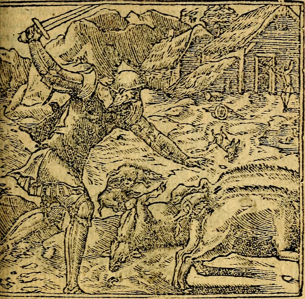 An illustration from Omnia D. And. Alciati emblemata : ad quae singula, praeter concinnas acutásque inscriptiones, lepidas & expressas imagines, ac caetera omnia, quae prioribus nostris editionibus cúm ad eorum distinctionem, tum ad ornatum & correctionem adhibita continebantur, : nunc primùm perelegantia persubtiliáq[ue] adiecta sunt epimuthia, quibus emblematum amplitudo quaecunq[ue] in iis dubia sunt aut obscura, tanquam perspicuis illustrantur, 1566, leaf 210
