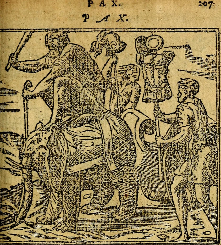 An illustration from Omnia D. And. Alciati emblemata : ad quae singula, praeter concinnas acutásque inscriptiones, lepidas & expressas imagines, ac caetera omnia, quae prioribus nostris editionibus cúm ad eorum distinctionem, tum ad ornatum & correctionem adhibita continebantur, : nunc primùm perelegantia persubtiliáq[ue] adiecta sunt epimuthia, quibus emblematum amplitudo quaecunq[ue] in iis dubia sunt aut obscura, tanquam perspicuis illustrantur, 1566, leaf 212