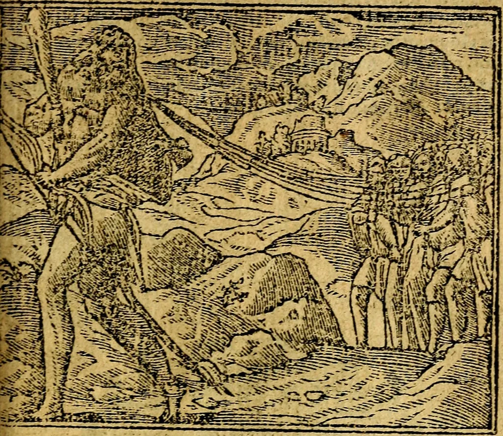 An illustration from Omnia D. And. Alciati emblemata : ad quae singula, praeter concinnas acutásque inscriptiones, lepidas & expressas imagines, ac caetera omnia, quae prioribus nostris editionibus cúm ad eorum distinctionem, tum ad ornatum & correctionem adhibita continebantur, : nunc primùm perelegantia persubtiliáq[ue] adiecta sunt epimuthia, quibus emblematum amplitudo quaecunq[ue] in iis dubia sunt aut obscura, tanquam perspicuis illustrantur, 1566, leaf 216