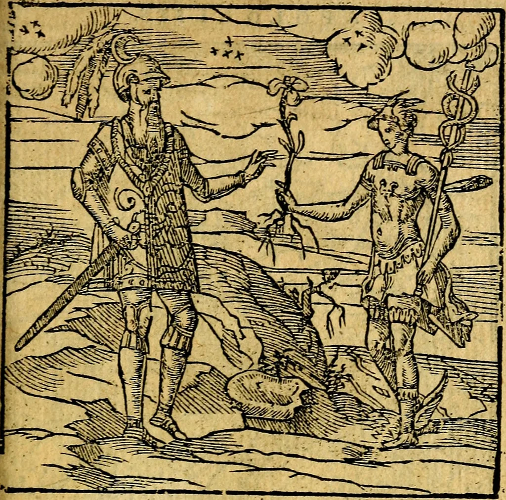 An illustration from Omnia D. And. Alciati emblemata : ad quae singula, praeter concinnas acutásque inscriptiones, lepidas & expressas imagines, ac caetera omnia, quae prioribus nostris editionibus cúm ad eorum distinctionem, tum ad ornatum & correctionem adhibita continebantur, : nunc primùm perelegantia persubtiliáq[ue] adiecta sunt epimuthia, quibus emblematum amplitudo quaecunq[ue] in iis dubia sunt aut obscura, tanquam perspicuis illustrantur, 1566, leaf 218