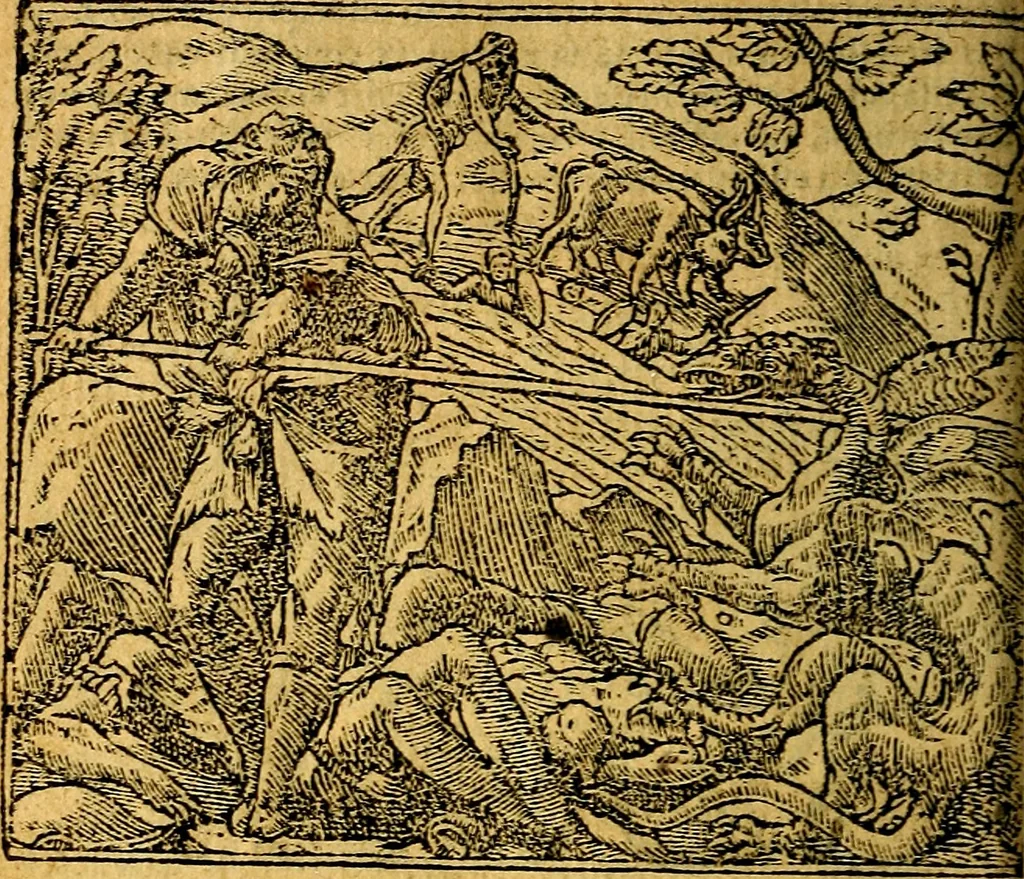 An illustration from Omnia D. And. Alciati emblemata : ad quae singula, praeter concinnas acutásque inscriptiones, lepidas & expressas imagines, ac caetera omnia, quae prioribus nostris editionibus cúm ad eorum distinctionem, tum ad ornatum & correctionem adhibita continebantur, : nunc primùm perelegantia persubtiliáq[ue] adiecta sunt epimuthia, quibus emblematum amplitudo quaecunq[ue] in iis dubia sunt aut obscura, tanquam perspicuis illustrantur, 1566, leaf 225
