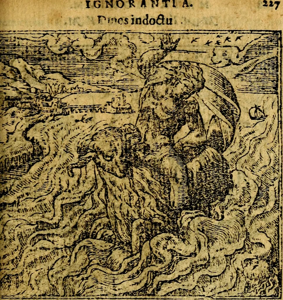 An illustration from Omnia D. And. Alciati emblemata : ad quae singula, praeter concinnas acutásque inscriptiones, lepidas & expressas imagines, ac caetera omnia, quae prioribus nostris editionibus cúm ad eorum distinctionem, tum ad ornatum & correctionem adhibita continebantur, : nunc primùm perelegantia persubtiliáq[ue] adiecta sunt epimuthia, quibus emblematum amplitudo quaecunq[ue] in iis dubia sunt aut obscura, tanquam perspicuis illustrantur, 1566, leaf 230