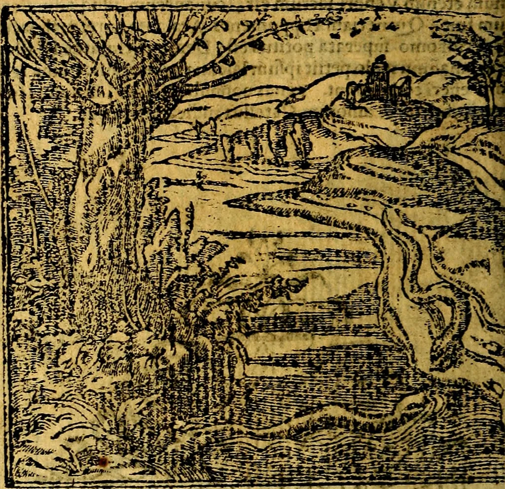 An illustration from Omnia D. And. Alciati emblemata : ad quae singula, praeter concinnas acutásque inscriptiones, lepidas & expressas imagines, ac caetera omnia, quae prioribus nostris editionibus cúm ad eorum distinctionem, tum ad ornatum & correctionem adhibita continebantur, : nunc primùm perelegantia persubtiliáq[ue] adiecta sunt epimuthia, quibus emblematum amplitudo quaecunq[ue] in iis dubia sunt aut obscura, tanquam perspicuis illustrantur, 1566, leaf 233
