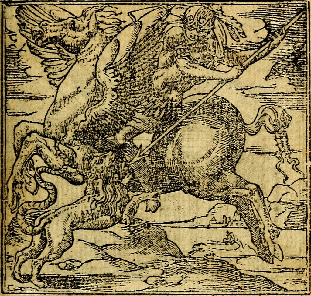 An illustration from Omnia D. And. Alciati emblemata : ad quae singula, praeter concinnas acutásque inscriptiones, lepidas & expressas imagines, ac caetera omnia, quae prioribus nostris editionibus cúm ad eorum distinctionem, tum ad ornatum & correctionem adhibita continebantur, : nunc primùm perelegantia persubtiliáq[ue] adiecta sunt epimuthia, quibus emblematum amplitudo quaecunq[ue] in iis dubia sunt aut obscura, tanquam perspicuis illustrantur, 1566, leaf 28