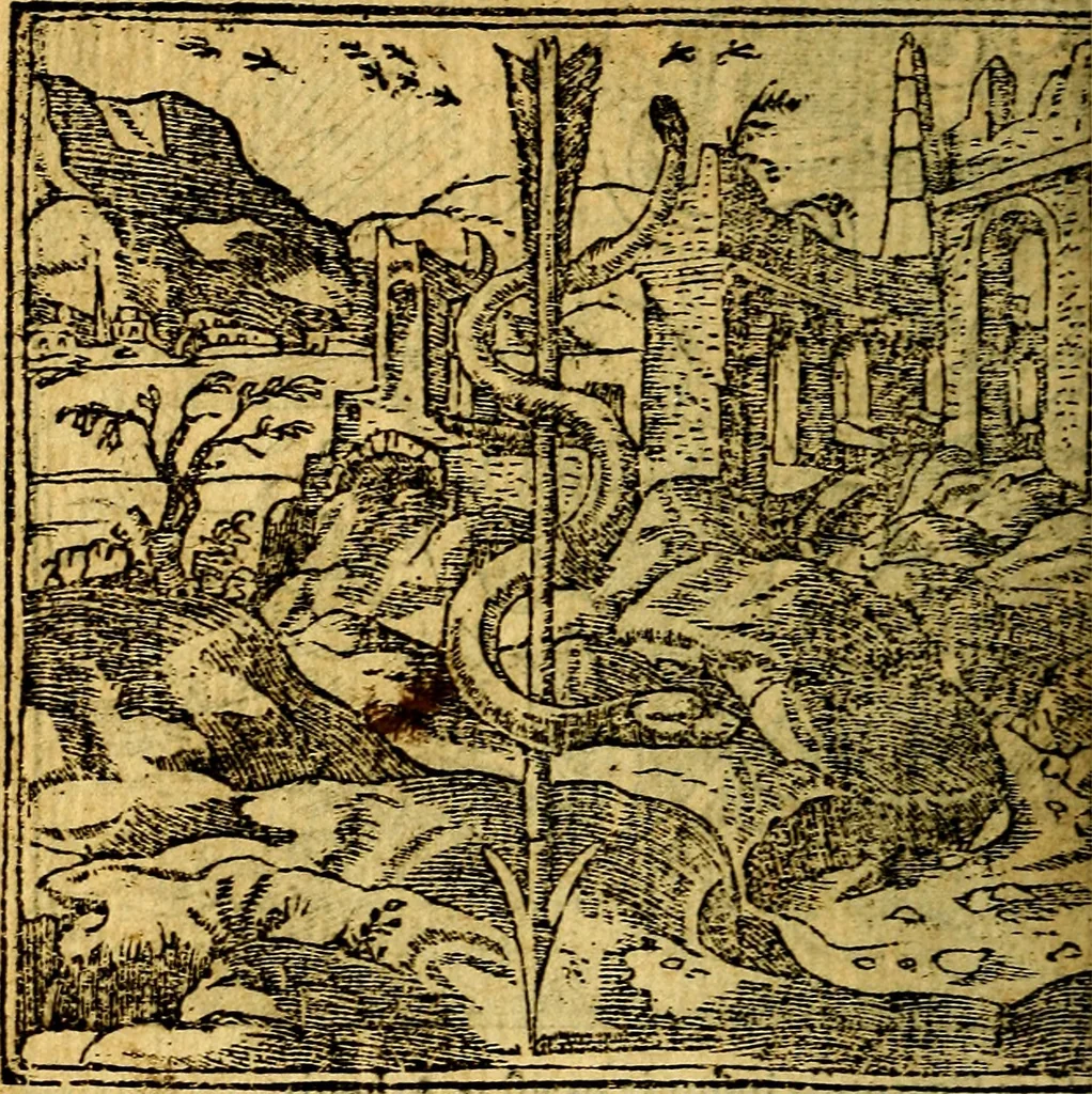An illustration from Omnia D. And. Alciati emblemata : ad quae singula, praeter concinnas acutásque inscriptiones, lepidas & expressas imagines, ac caetera omnia, quae prioribus nostris editionibus cúm ad eorum distinctionem, tum ad ornatum & correctionem adhibita continebantur, : nunc primùm perelegantia persubtiliáq[ue] adiecta sunt epimuthia, quibus emblematum amplitudo quaecunq[ue] in iis dubia sunt aut obscura, tanquam perspicuis illustrantur, 1566, leaf 35