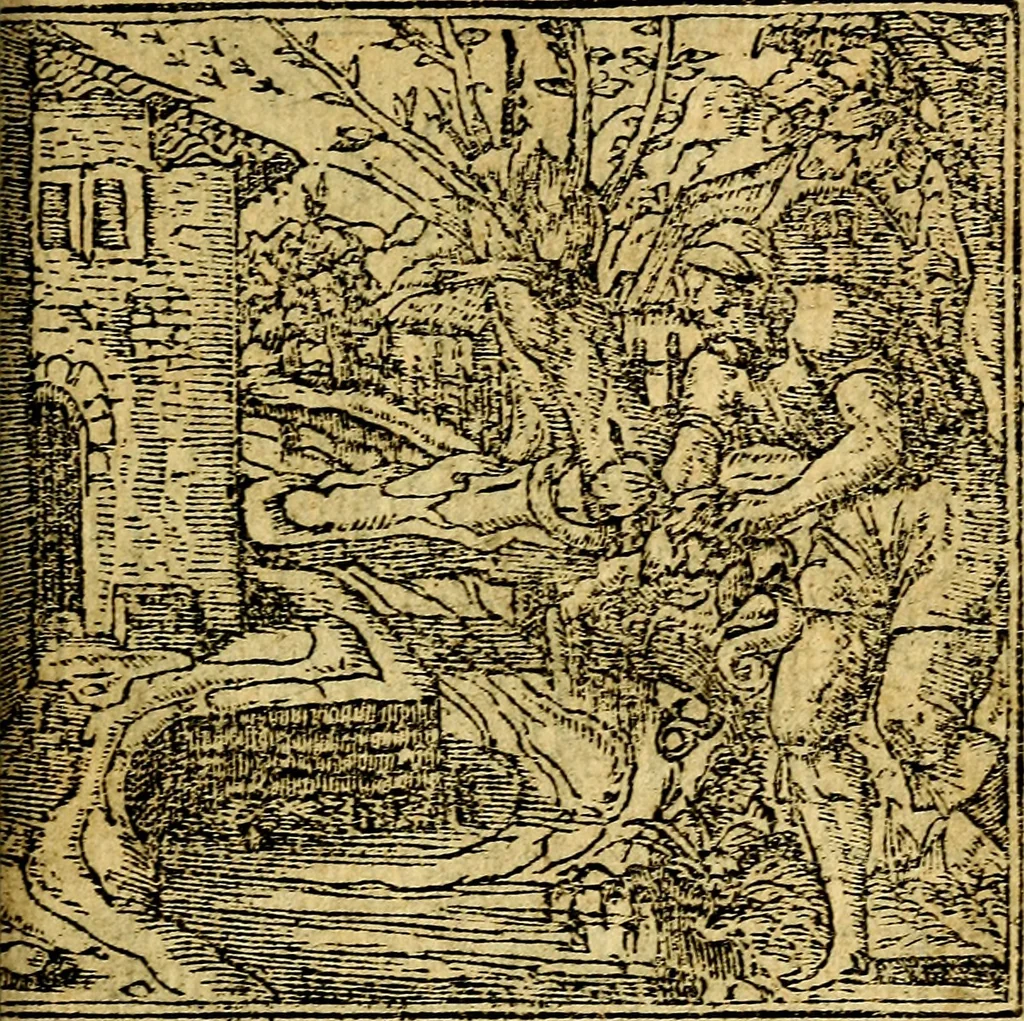 An illustration from Omnia D. And. Alciati emblemata : ad quae singula, praeter concinnas acutásque inscriptiones, lepidas & expressas imagines, ac caetera omnia, quae prioribus nostris editionibus cúm ad eorum distinctionem, tum ad ornatum & correctionem adhibita continebantur, : nunc primùm perelegantia persubtiliáq[ue] adiecta sunt epimuthia, quibus emblematum amplitudo quaecunq[ue] in iis dubia sunt aut obscura, tanquam perspicuis illustrantur, 1566, leaf 36
