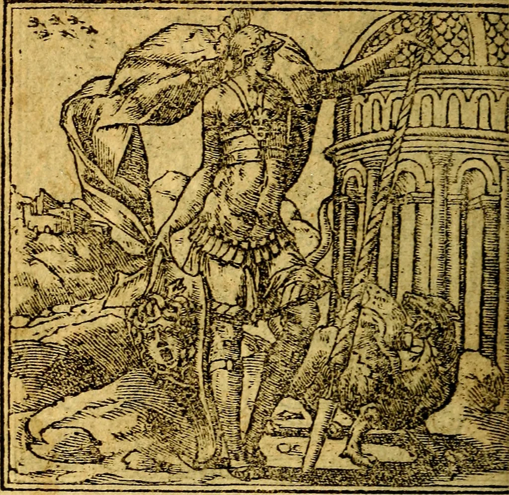 An illustration from Omnia D. And. Alciati emblemata : ad quae singula, praeter concinnas acutásque inscriptiones, lepidas & expressas imagines, ac caetera omnia, quae prioribus nostris editionibus cúm ad eorum distinctionem, tum ad ornatum & correctionem adhibita continebantur, : nunc primùm perelegantia persubtiliáq[ue] adiecta sunt epimuthia, quibus emblematum amplitudo quaecunq[ue] in iis dubia sunt aut obscura, tanquam perspicuis illustrantur, 1566, leaf 37
