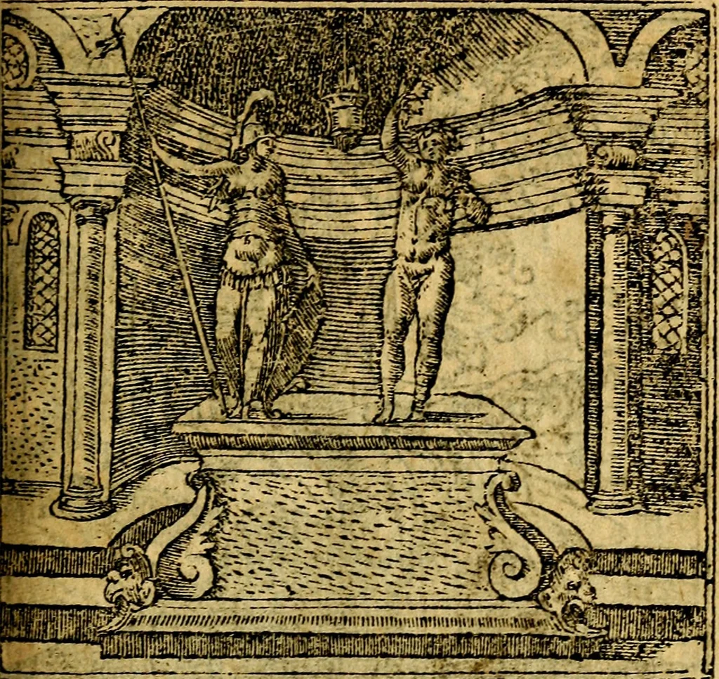 An illustration from Omnia D. And. Alciati emblemata : ad quae singula, praeter concinnas acutásque inscriptiones, lepidas & expressas imagines, ac caetera omnia, quae prioribus nostris editionibus cúm ad eorum distinctionem, tum ad ornatum & correctionem adhibita continebantur, : nunc primùm perelegantia persubtiliáq[ue] adiecta sunt epimuthia, quibus emblematum amplitudo quaecunq[ue] in iis dubia sunt aut obscura, tanquam perspicuis illustrantur, 1566, leaf 38