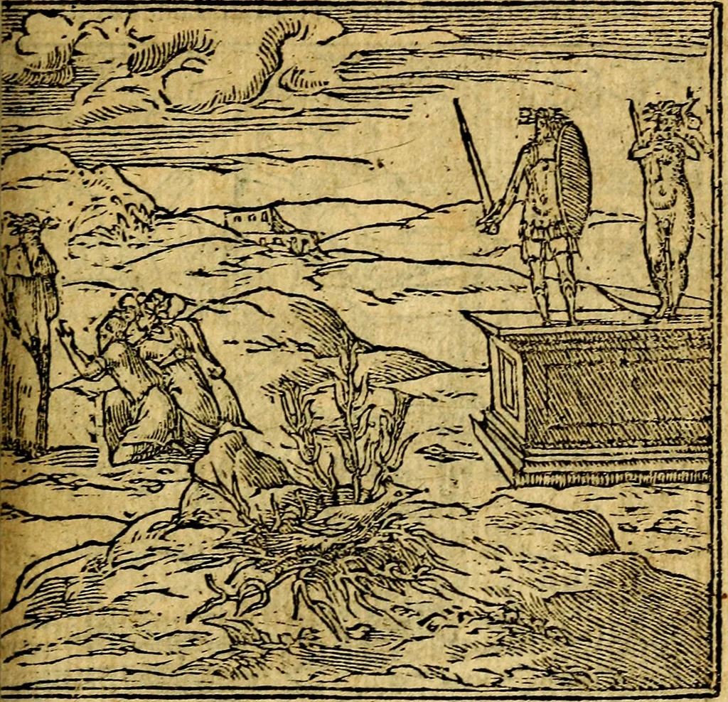 An illustration from Omnia D. And. Alciati emblemata : ad quae singula, praeter concinnas acutásque inscriptiones, lepidas & expressas imagines, ac caetera omnia, quae prioribus nostris editionibus cúm ad eorum distinctionem, tum ad ornatum & correctionem adhibita continebantur, : nunc primùm perelegantia persubtiliáq[ue] adiecta sunt epimuthia, quibus emblematum amplitudo quaecunq[ue] in iis dubia sunt aut obscura, tanquam perspicuis illustrantur, 1566, leaf 42