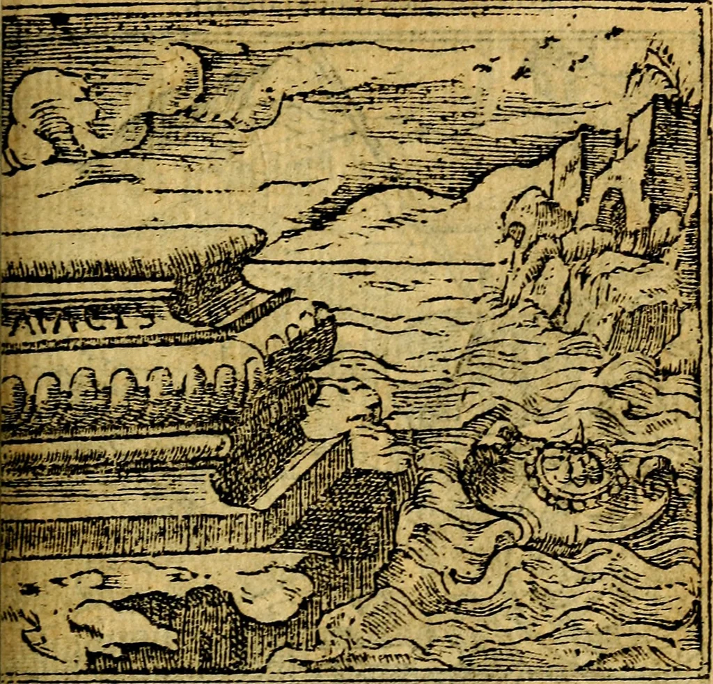 An illustration from Omnia D. And. Alciati emblemata : ad quae singula, praeter concinnas acutásque inscriptiones, lepidas & expressas imagines, ac caetera omnia, quae prioribus nostris editionibus cúm ad eorum distinctionem, tum ad ornatum & correctionem adhibita continebantur, : nunc primùm perelegantia persubtiliáq[ue] adiecta sunt epimuthia, quibus emblematum amplitudo quaecunq[ue] in iis dubia sunt aut obscura, tanquam perspicuis illustrantur, 1566, leaf 44