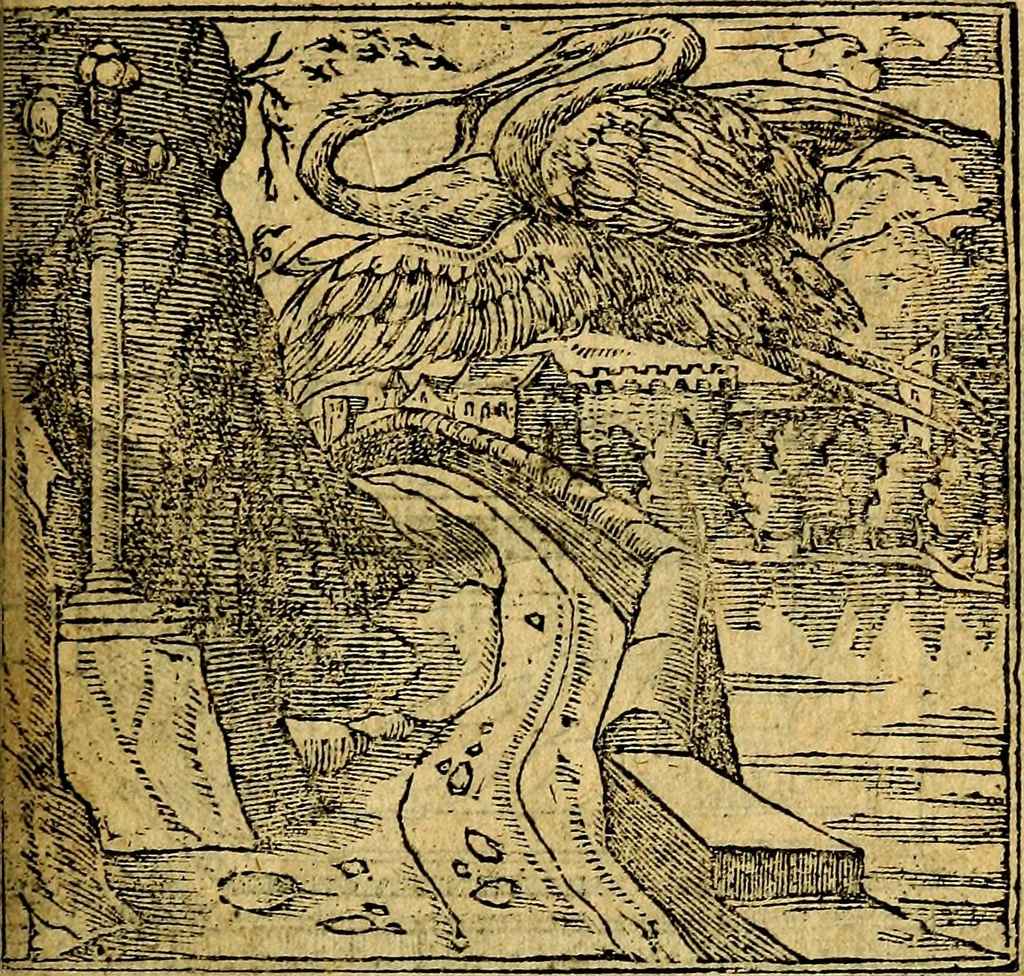 An illustration from Omnia D. And. Alciati emblemata : ad quae singula, praeter concinnas acutásque inscriptiones, lepidas & expressas imagines, ac caetera omnia, quae prioribus nostris editionibus cúm ad eorum distinctionem, tum ad ornatum & correctionem adhibita continebantur, : nunc primùm perelegantia persubtiliáq[ue] adiecta sunt epimuthia, quibus emblematum amplitudo quaecunq[ue] in iis dubia sunt aut obscura, tanquam perspicuis illustrantur, 1566, leaf 46