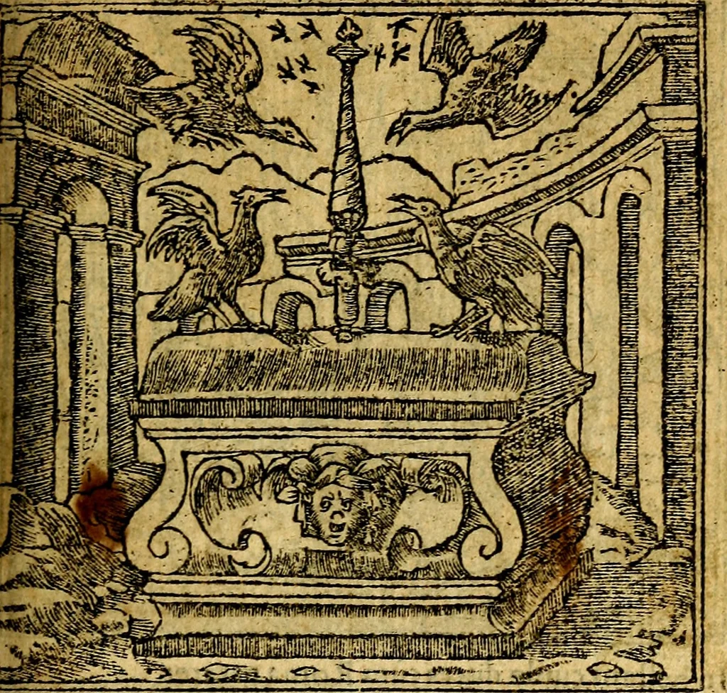 An illustration from Omnia D. And. Alciati emblemata : ad quae singula, praeter concinnas acutásque inscriptiones, lepidas & expressas imagines, ac caetera omnia, quae prioribus nostris editionibus cúm ad eorum distinctionem, tum ad ornatum & correctionem adhibita continebantur, : nunc primùm perelegantia persubtiliáq[ue] adiecta sunt epimuthia, quibus emblematum amplitudo quaecunq[ue] in iis dubia sunt aut obscura, tanquam perspicuis illustrantur, 1566, leaf 54