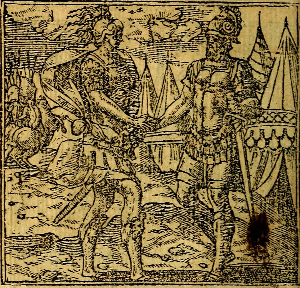 An illustration from Omnia D. And. Alciati emblemata : ad quae singula, praeter concinnas acutásque inscriptiones, lepidas & expressas imagines, ac caetera omnia, quae prioribus nostris editionibus cúm ad eorum distinctionem, tum ad ornatum & correctionem adhibita continebantur, : nunc primùm perelegantia persubtiliáq[ue] adiecta sunt epimuthia, quibus emblematum amplitudo quaecunq[ue] in iis dubia sunt aut obscura, tanquam perspicuis illustrantur, 1566, leaf 55