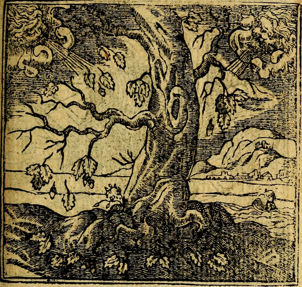 An illustration from Omnia D. And. Alciati emblemata : ad quae singula, praeter concinnas acutásque inscriptiones, lepidas & expressas imagines, ac caetera omnia, quae prioribus nostris editionibus cúm ad eorum distinctionem, tum ad ornatum & correctionem adhibita continebantur, : nunc primùm perelegantia persubtiliáq[ue] adiecta sunt epimuthia, quibus emblematum amplitudo quaecunq[ue] in iis dubia sunt aut obscura, tanquam perspicuis illustrantur, 1566, leaf 58