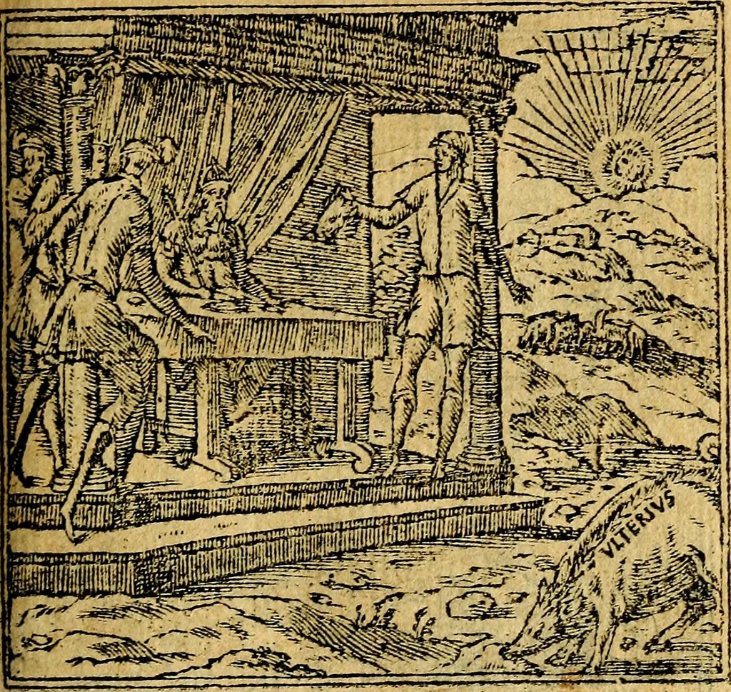 An illustration from Omnia D. And. Alciati emblemata : ad quae singula, praeter concinnas acutásque inscriptiones, lepidas & expressas imagines, ac caetera omnia, quae prioribus nostris editionibus cúm ad eorum distinctionem, tum ad ornatum & correctionem adhibita continebantur, : nunc primùm perelegantia persubtiliáq[ue] adiecta sunt epimuthia, quibus emblematum amplitudo quaecunq[ue] in iis dubia sunt aut obscura, tanquam perspicuis illustrantur, 1566, leaf 62