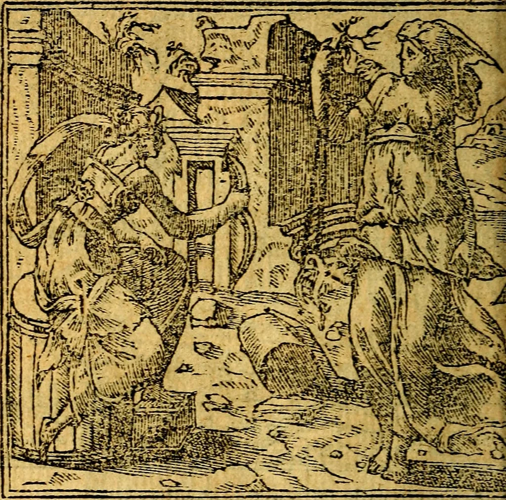 An illustration from Omnia D. And. Alciati emblemata : ad quae singula, praeter concinnas acutásque inscriptiones, lepidas & expressas imagines, ac caetera omnia, quae prioribus nostris editionibus cúm ad eorum distinctionem, tum ad ornatum & correctionem adhibita continebantur, : nunc primùm perelegantia persubtiliáq[ue] adiecta sunt epimuthia, quibus emblematum amplitudo quaecunq[ue] in iis dubia sunt aut obscura, tanquam perspicuis illustrantur, 1566, leaf 63