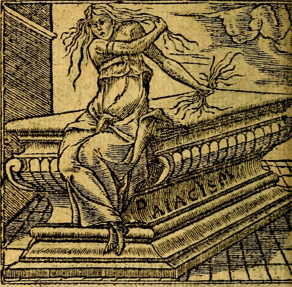 An illustration from Omnia D. And. Alciati emblemata : ad quae singula, praeter concinnas acutásque inscriptiones, lepidas & expressas imagines, ac caetera omnia, quae prioribus nostris editionibus cúm ad eorum distinctionem, tum ad ornatum & correctionem adhibita continebantur, : nunc primùm perelegantia persubtiliáq[ue] adiecta sunt epimuthia, quibus emblematum amplitudo quaecunq[ue] in iis dubia sunt aut obscura, tanquam perspicuis illustrantur, 1566, leaf 65