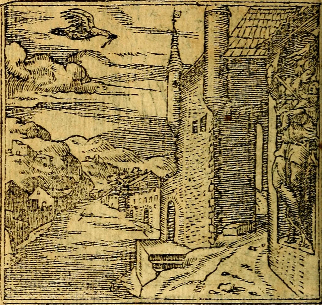 An illustration from Omnia D. And. Alciati emblemata : ad quae singula, praeter concinnas acutásque inscriptiones, lepidas & expressas imagines, ac caetera omnia, quae prioribus nostris editionibus cúm ad eorum distinctionem, tum ad ornatum & correctionem adhibita continebantur, : nunc primùm perelegantia persubtiliáq[ue] adiecta sunt epimuthia, quibus emblematum amplitudo quaecunq[ue] in iis dubia sunt aut obscura, tanquam perspicuis illustrantur, 1566, leaf 71