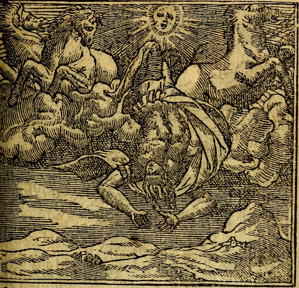 An illustration from Omnia D. And. Alciati emblemata : ad quae singula, praeter concinnas acutásque inscriptiones, lepidas & expressas imagines, ac caetera omnia, quae prioribus nostris editionibus cúm ad eorum distinctionem, tum ad ornatum & correctionem adhibita continebantur, : nunc primùm perelegantia persubtiliáq[ue] adiecta sunt epimuthia, quibus emblematum amplitudo quaecunq[ue] in iis dubia sunt aut obscura, tanquam perspicuis illustrantur, 1566, leaf 74