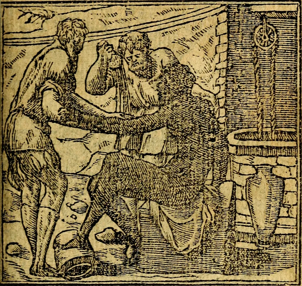 An illustration from Omnia D. And. Alciati emblemata : ad quae singula, praeter concinnas acutásque inscriptiones, lepidas & expressas imagines, ac caetera omnia, quae prioribus nostris editionibus cúm ad eorum distinctionem, tum ad ornatum & correctionem adhibita continebantur, : nunc primùm perelegantia persubtiliáq[ue] adiecta sunt epimuthia, quibus emblematum amplitudo quaecunq[ue] in iis dubia sunt aut obscura, tanquam perspicuis illustrantur, 1566, leaf 76