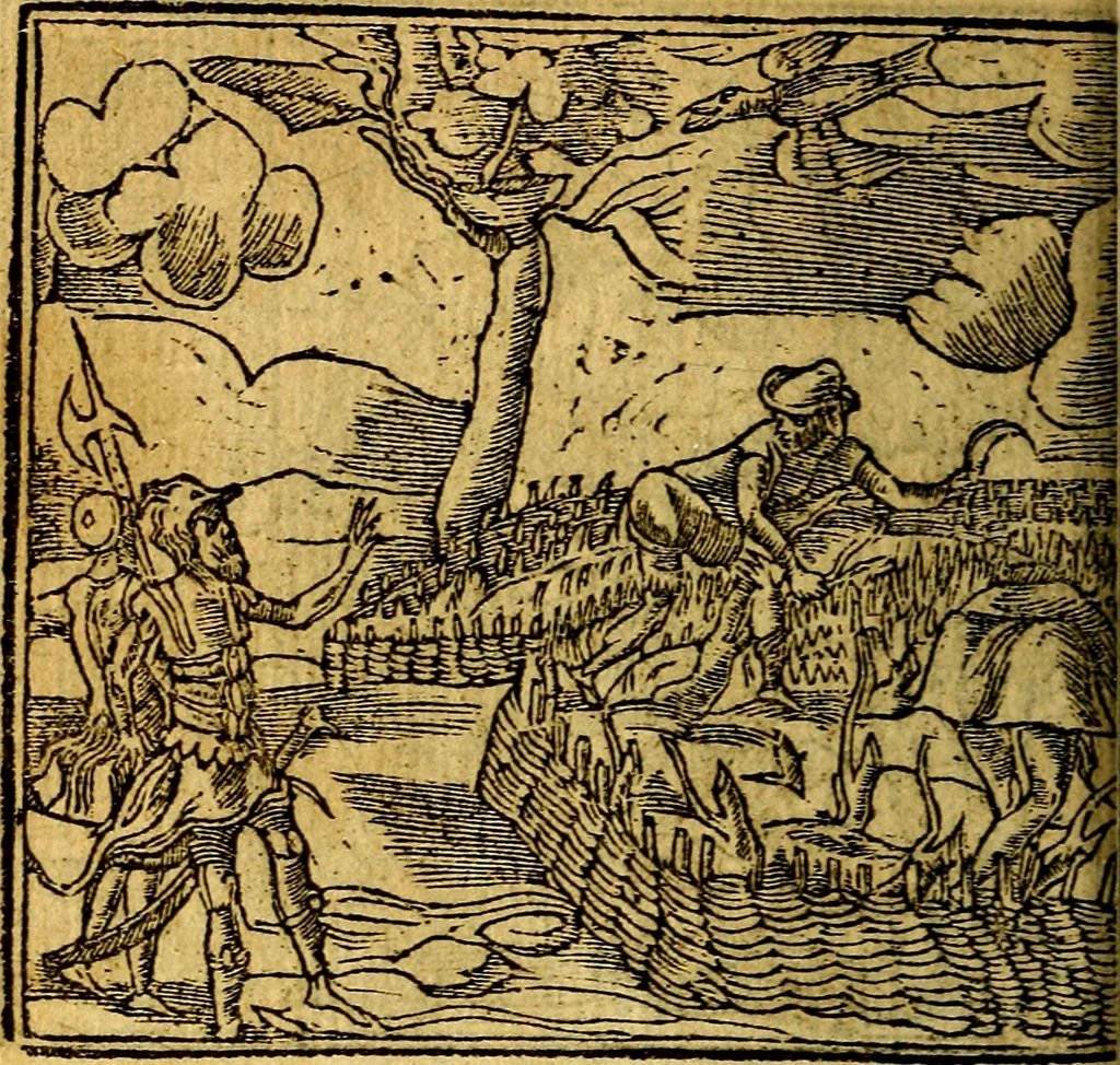 An illustration from Omnia D. And. Alciati emblemata : ad quae singula, praeter concinnas acutásque inscriptiones, lepidas & expressas imagines, ac caetera omnia, quae prioribus nostris editionibus cúm ad eorum distinctionem, tum ad ornatum & correctionem adhibita continebantur, : nunc primùm perelegantia persubtiliáq[ue] adiecta sunt epimuthia, quibus emblematum amplitudo quaecunq[ue] in iis dubia sunt aut obscura, tanquam perspicuis illustrantur, 1566, leaf 77