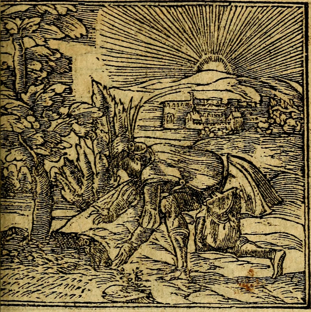 An illustration from Omnia D. And. Alciati emblemata : ad quae singula, praeter concinnas acutásque inscriptiones, lepidas & expressas imagines, ac caetera omnia, quae prioribus nostris editionibus cúm ad eorum distinctionem, tum ad ornatum & correctionem adhibita continebantur, : nunc primùm perelegantia persubtiliáq[ue] adiecta sunt epimuthia, quibus emblematum amplitudo quaecunq[ue] in iis dubia sunt aut obscura, tanquam perspicuis illustrantur, 1566, leaf 82