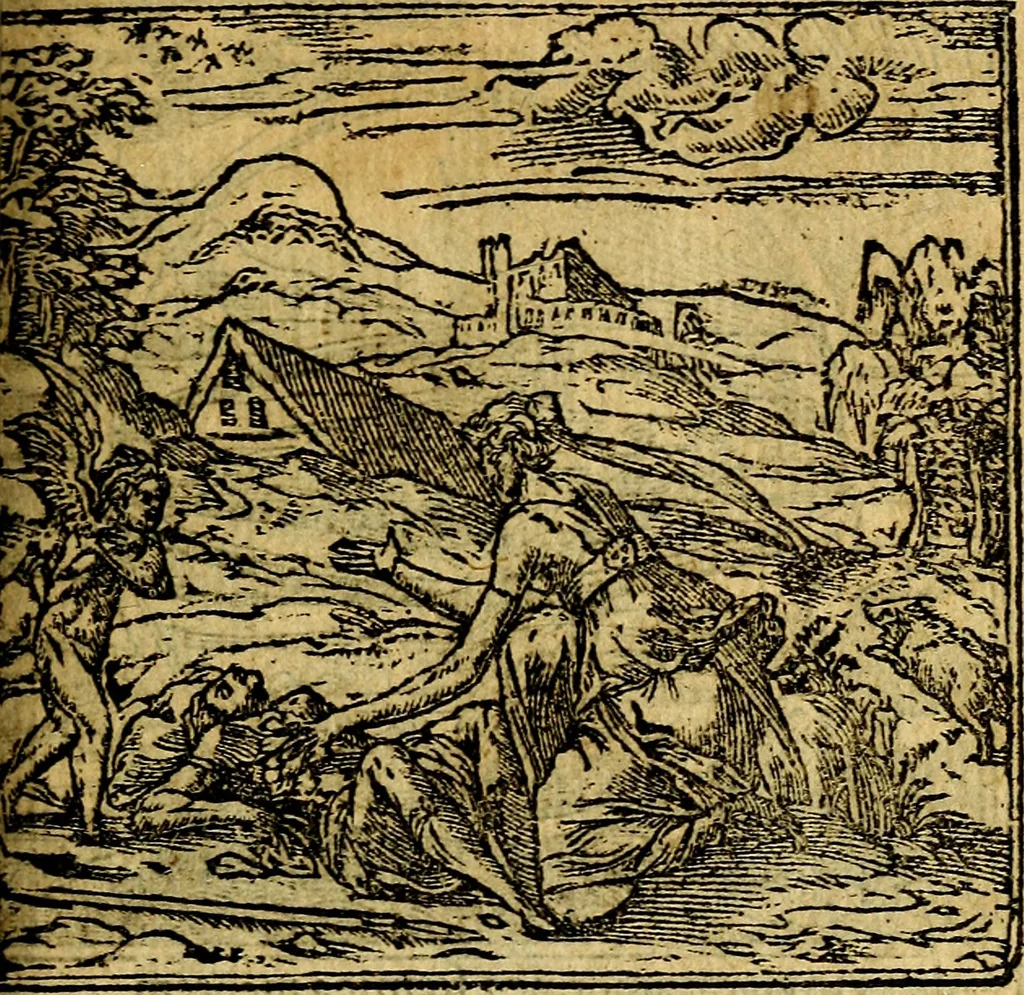 An illustration from Omnia D. And. Alciati emblemata : ad quae singula, praeter concinnas acutásque inscriptiones, lepidas & expressas imagines, ac caetera omnia, quae prioribus nostris editionibus cúm ad eorum distinctionem, tum ad ornatum & correctionem adhibita continebantur, : nunc primùm perelegantia persubtiliáq[ue] adiecta sunt epimuthia, quibus emblematum amplitudo quaecunq[ue] in iis dubia sunt aut obscura, tanquam perspicuis illustrantur, 1566, leaf 94