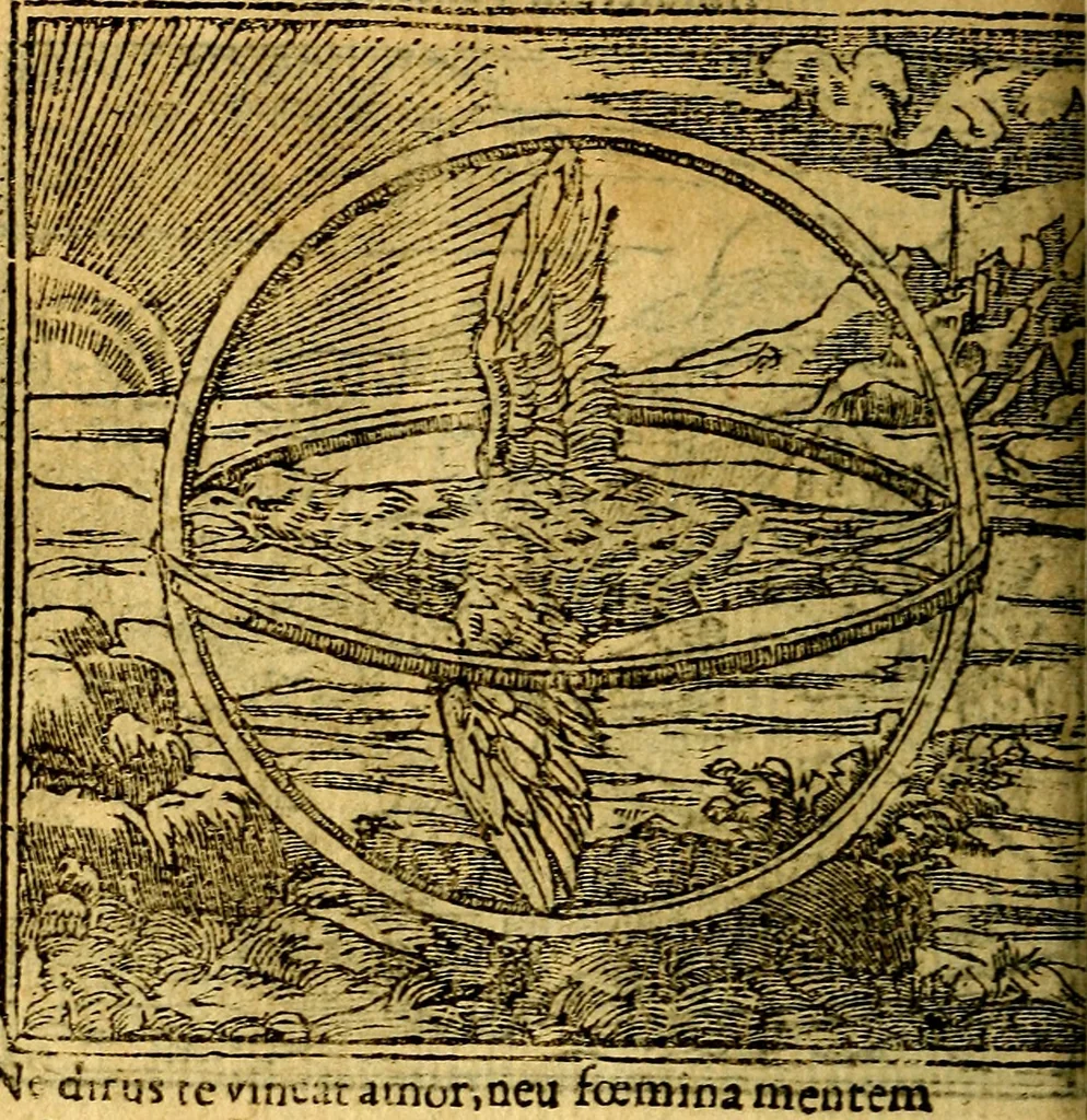 An illustration from Omnia D. And. Alciati emblemata : ad quae singula, praeter concinnas acutásque inscriptiones, lepidas & expressas imagines, ac caetera omnia, quae prioribus nostris editionibus cúm ad eorum distinctionem, tum ad ornatum & correctionem adhibita continebantur, : nunc primùm perelegantia persubtiliáq[ue] adiecta sunt epimuthia, quibus emblematum amplitudo quaecunq[ue] in iis dubia sunt aut obscura, tanquam perspicuis illustrantur, 1566, leaf 95