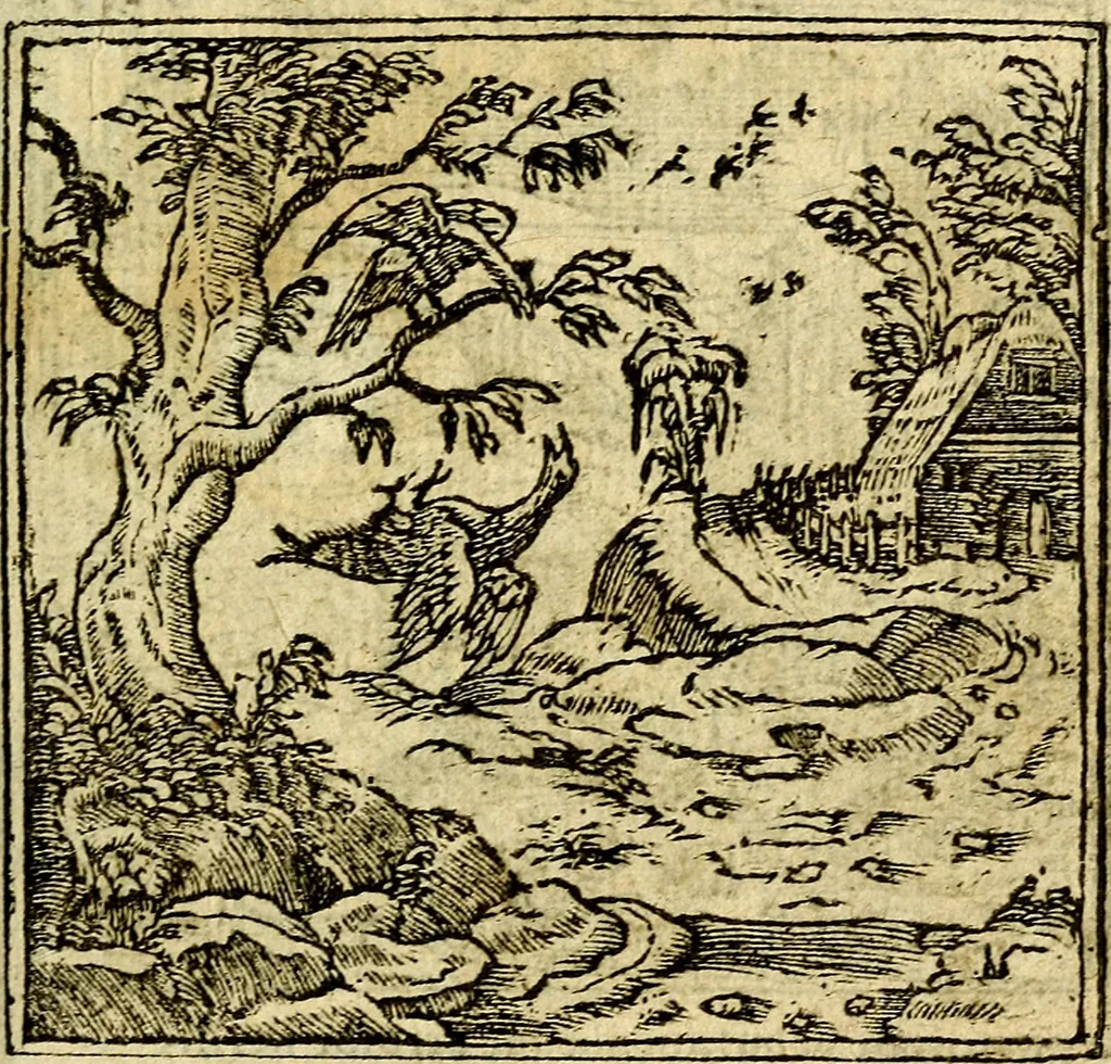 An illustration from Omnia D. And. Alciati Emblemata : ad qvae singula praeter concinnas acutásque inscriptiones, lepidas & expressas imagines, ac caetera omnia, quae prioribus nostris editionibus cùm ad eorum distinctionem, tum ad ornatum & correctionem adhibita continebantur, : nunc primùm perelegantia persubtiliaq́ [ue], 1564, leaf 102