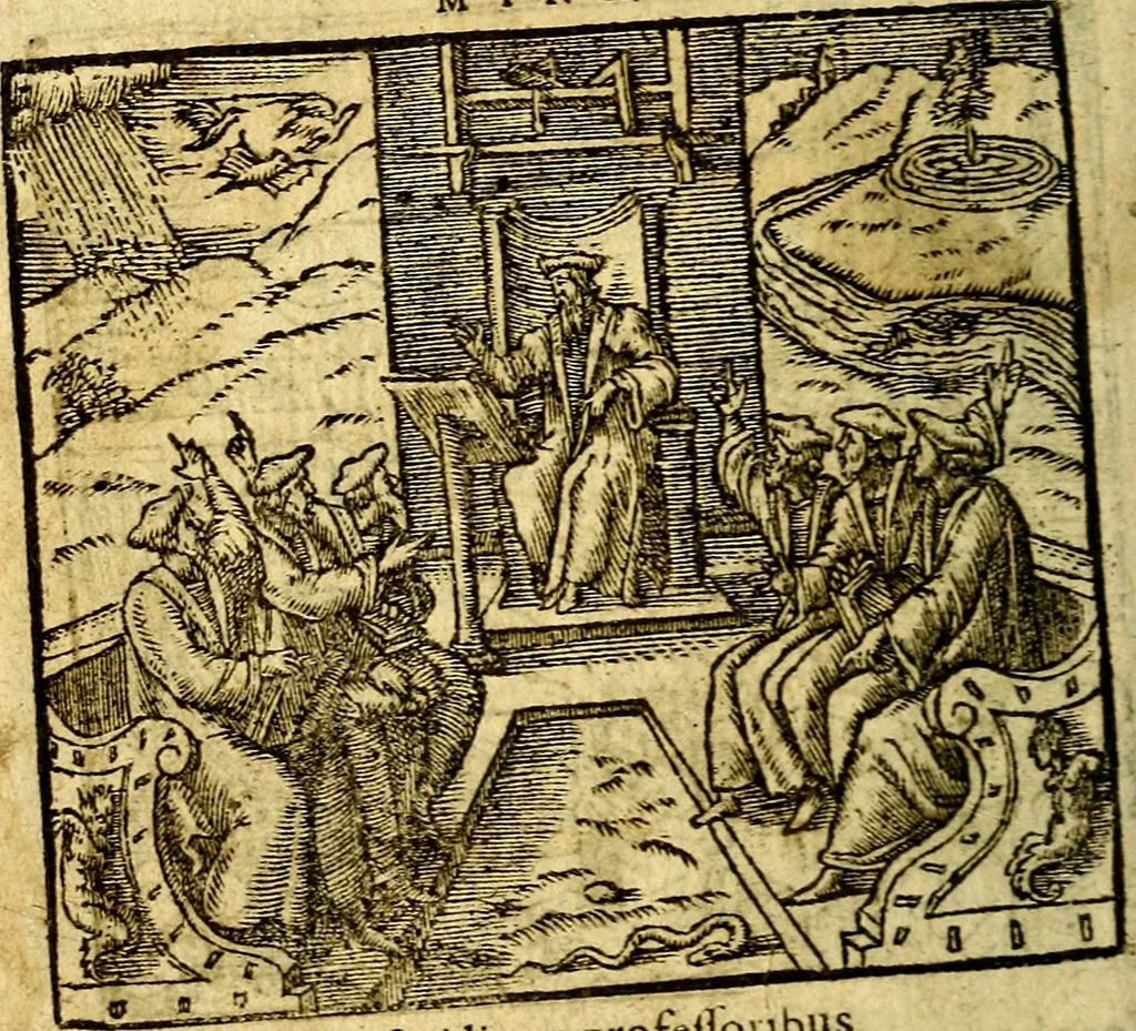 An illustration from Omnia D. And. Alciati Emblemata : ad qvae singula praeter concinnas acutásque inscriptiones, lepidas & expressas imagines, ac caetera omnia, quae prioribus nostris editionibus cùm ad eorum distinctionem, tum ad ornatum & correctionem adhibita continebantur, : nunc primùm perelegantia persubtiliaq́ [ue], 1564, leaf 105