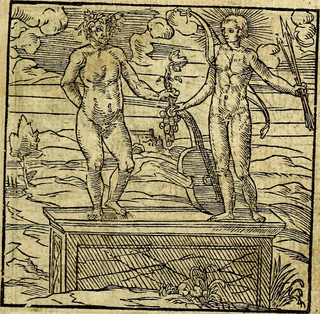 An illustration from Omnia D. And. Alciati Emblemata : ad qvae singula praeter concinnas acutásque inscriptiones, lepidas & expressas imagines, ac caetera omnia, quae prioribus nostris editionibus cùm ad eorum distinctionem, tum ad ornatum & correctionem adhibita continebantur, : nunc primùm perelegantia persubtiliaq́ [ue], 1564, leaf 110