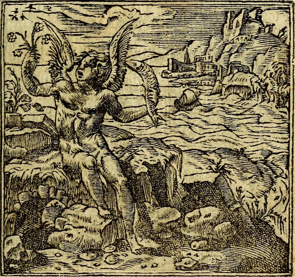 An illustration from Omnia D. And. Alciati Emblemata : ad qvae singula praeter concinnas acutásque inscriptiones, lepidas & expressas imagines, ac caetera omnia, quae prioribus nostris editionibus cùm ad eorum distinctionem, tum ad ornatum & correctionem adhibita continebantur, : nunc primùm perelegantia persubtiliaq́ [ue], 1564, leaf 118