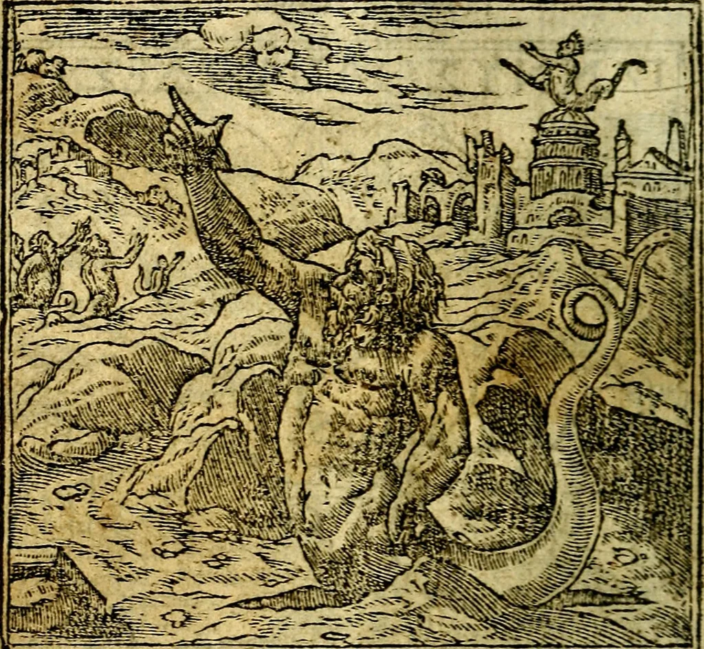 An illustration from Omnia D. And. Alciati Emblemata : ad qvae singula praeter concinnas acutásque inscriptiones, lepidas & expressas imagines, ac caetera omnia, quae prioribus nostris editionibus cùm ad eorum distinctionem, tum ad ornatum & correctionem adhibita continebantur, : nunc primùm perelegantia persubtiliaq́ [ue], 1564, leaf 13