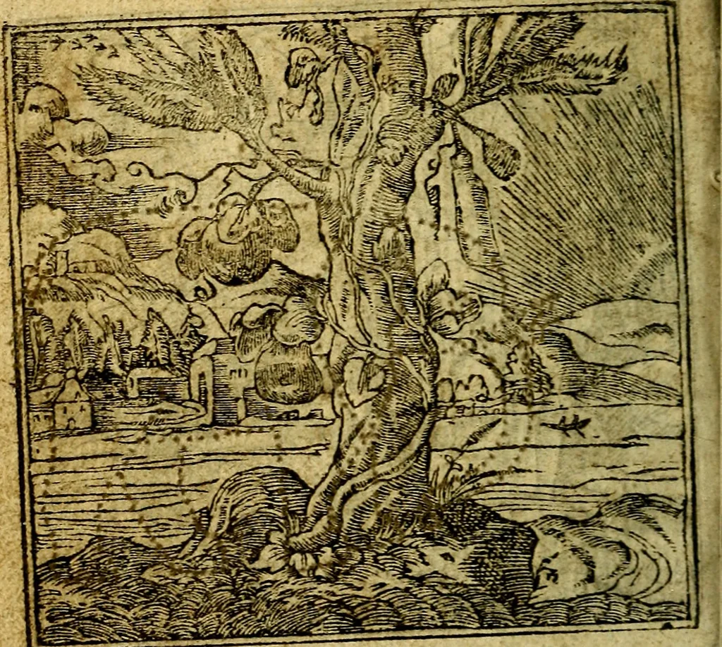 An illustration from Omnia D. And. Alciati Emblemata : ad qvae singula praeter concinnas acutásque inscriptiones, lepidas & expressas imagines, ac caetera omnia, quae prioribus nostris editionibus cùm ad eorum distinctionem, tum ad ornatum & correctionem adhibita continebantur, : nunc primùm perelegantia persubtiliaq́ [ue], 1564, leaf 141