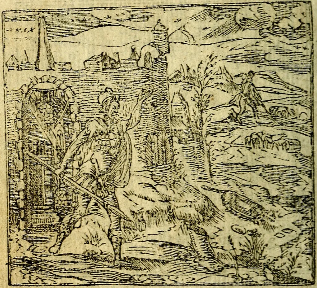 An illustration from Omnia D. And. Alciati Emblemata : ad qvae singula praeter concinnas acutásque inscriptiones, lepidas & expressas imagines, ac caetera omnia, quae prioribus nostris editionibus cùm ad eorum distinctionem, tum ad ornatum & correctionem adhibita continebantur, : nunc primùm perelegantia persubtiliaq́ [ue], 1564, leaf 143