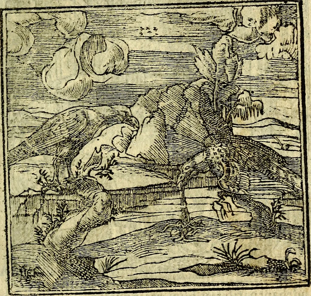 An illustration from Omnia D. And. Alciati Emblemata : ad qvae singula praeter concinnas acutásque inscriptiones, lepidas & expressas imagines, ac caetera omnia, quae prioribus nostris editionibus cùm ad eorum distinctionem, tum ad ornatum & correctionem adhibita continebantur, : nunc primùm perelegantia persubtiliaq́ [ue], 1564, leaf 146