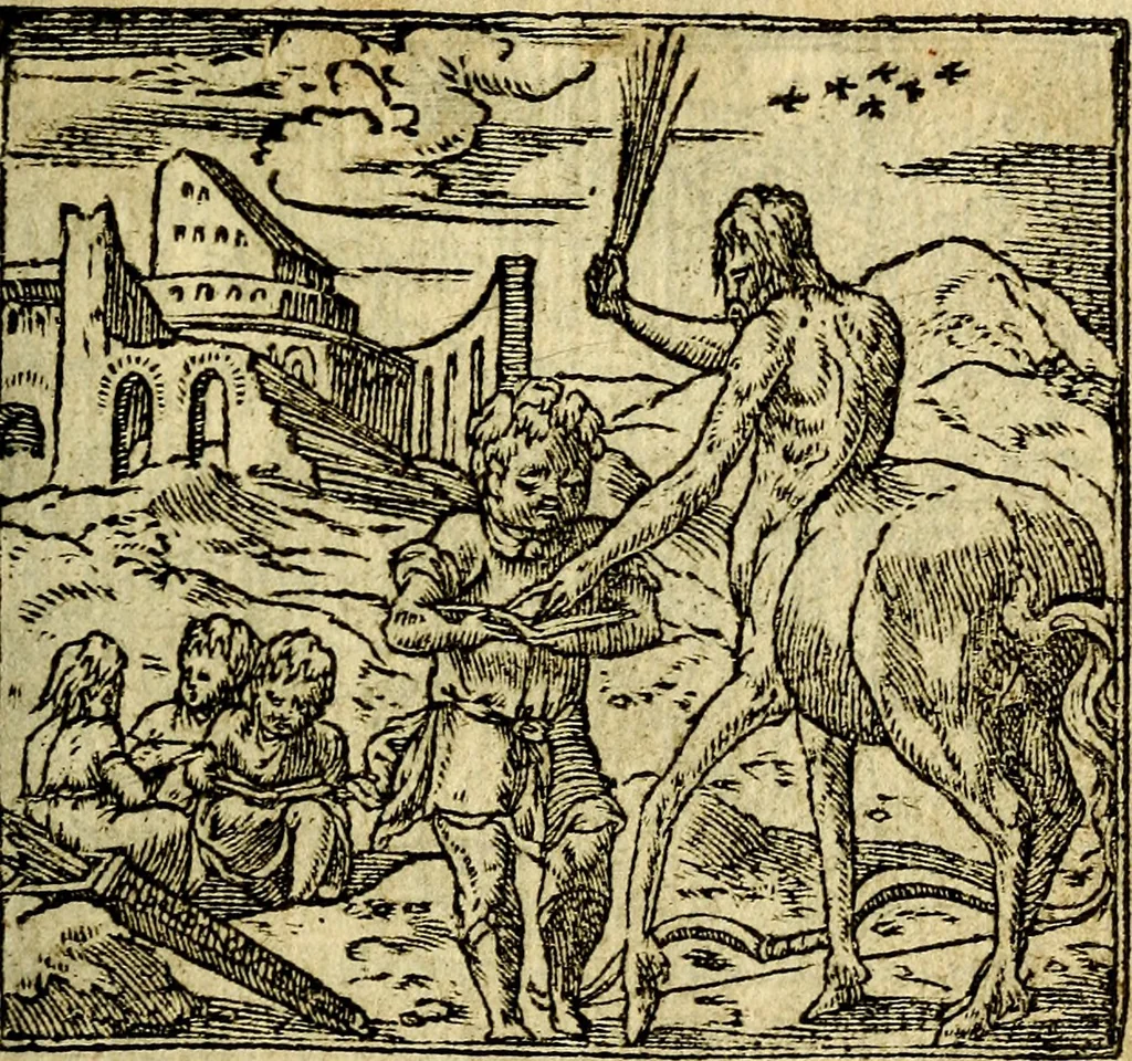 An illustration from Omnia D. And. Alciati Emblemata : ad qvae singula praeter concinnas acutásque inscriptiones, lepidas & expressas imagines, ac caetera omnia, quae prioribus nostris editionibus cùm ad eorum distinctionem, tum ad ornatum & correctionem adhibita continebantur, : nunc primùm perelegantia persubtiliaq́ [ue], 1564, leaf 170