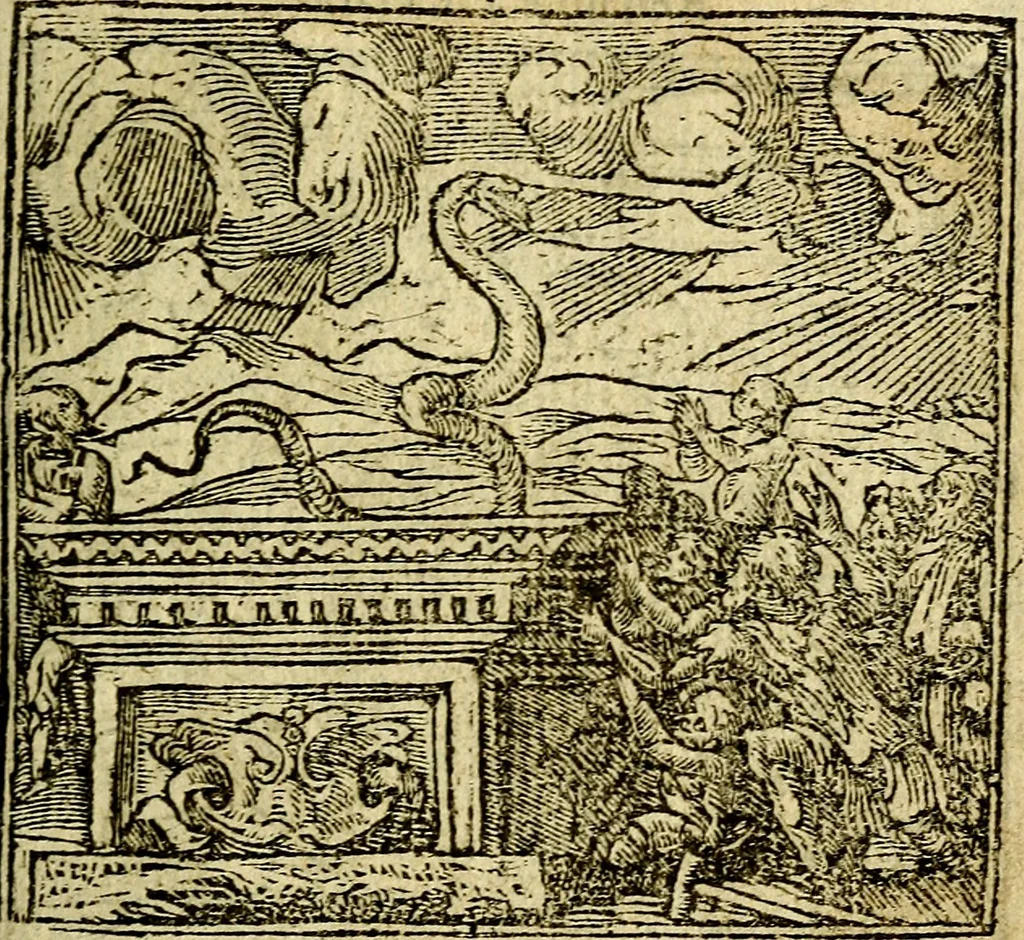 An illustration from Omnia D. And. Alciati Emblemata : ad qvae singula praeter concinnas acutásque inscriptiones, lepidas & expressas imagines, ac caetera omnia, quae prioribus nostris editionibus cùm ad eorum distinctionem, tum ad ornatum & correctionem adhibita continebantur, : nunc primùm perelegantia persubtiliaq́ [ue], 1564, leaf 172