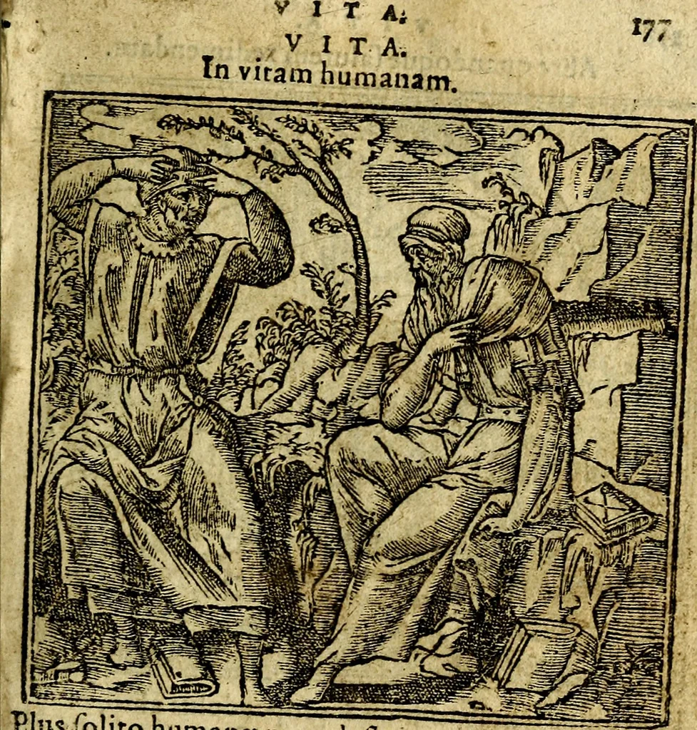 An illustration from Omnia D. And. Alciati Emblemata : ad qvae singula praeter concinnas acutásque inscriptiones, lepidas & expressas imagines, ac caetera omnia, quae prioribus nostris editionibus cùm ad eorum distinctionem, tum ad ornatum & correctionem adhibita continebantur, : nunc primùm perelegantia persubtiliaq́ [ue], 1564, leaf 174