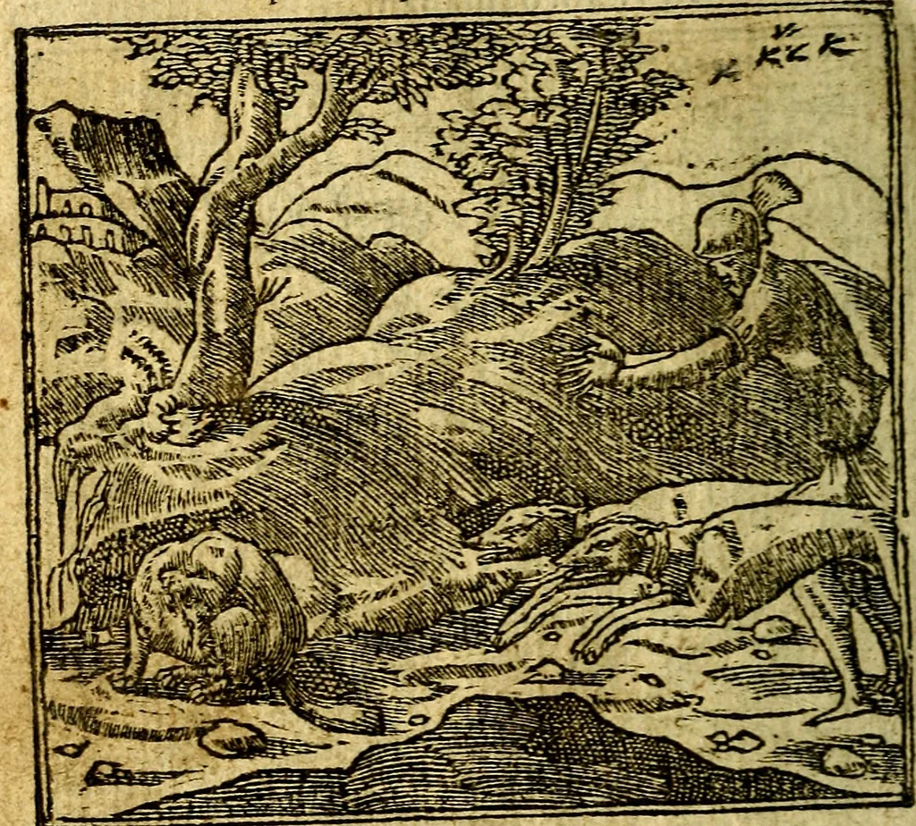 An illustration from Omnia D. And. Alciati Emblemata : ad qvae singula praeter concinnas acutásque inscriptiones, lepidas & expressas imagines, ac caetera omnia, quae prioribus nostris editionibus cùm ad eorum distinctionem, tum ad ornatum & correctionem adhibita continebantur, : nunc primùm perelegantia persubtiliaq́ [ue], 1564, leaf 175