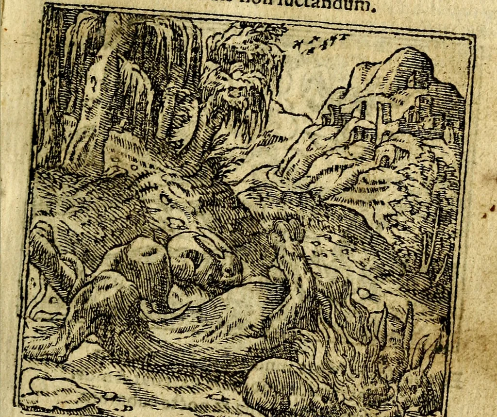 An illustration from Omnia D. And. Alciati Emblemata : ad qvae singula praeter concinnas acutásque inscriptiones, lepidas & expressas imagines, ac caetera omnia, quae prioribus nostris editionibus cùm ad eorum distinctionem, tum ad ornatum & correctionem adhibita continebantur, : nunc primùm perelegantia persubtiliaq́ [ue], 1564, leaf 176