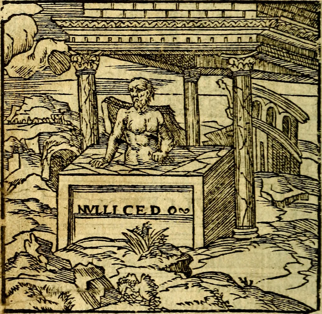 An illustration from Omnia D. And. Alciati Emblemata : ad qvae singula praeter concinnas acutásque inscriptiones, lepidas & expressas imagines, ac caetera omnia, quae prioribus nostris editionibus cùm ad eorum distinctionem, tum ad ornatum & correctionem adhibita continebantur, : nunc primùm perelegantia persubtiliaq́ [ue], 1564, leaf 181