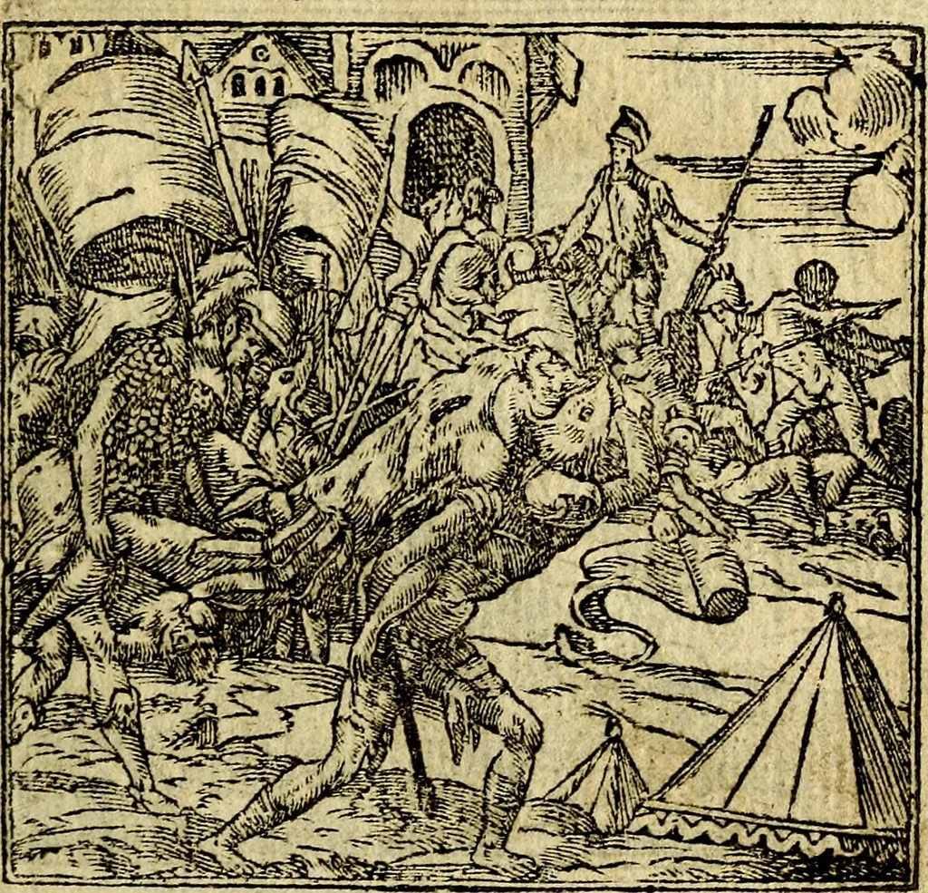 An illustration from Omnia D. And. Alciati Emblemata : ad qvae singula praeter concinnas acutásque inscriptiones, lepidas & expressas imagines, ac caetera omnia, quae prioribus nostris editionibus cùm ad eorum distinctionem, tum ad ornatum & correctionem adhibita continebantur, : nunc primùm perelegantia persubtiliaq́ [ue], 1564, leaf 182
