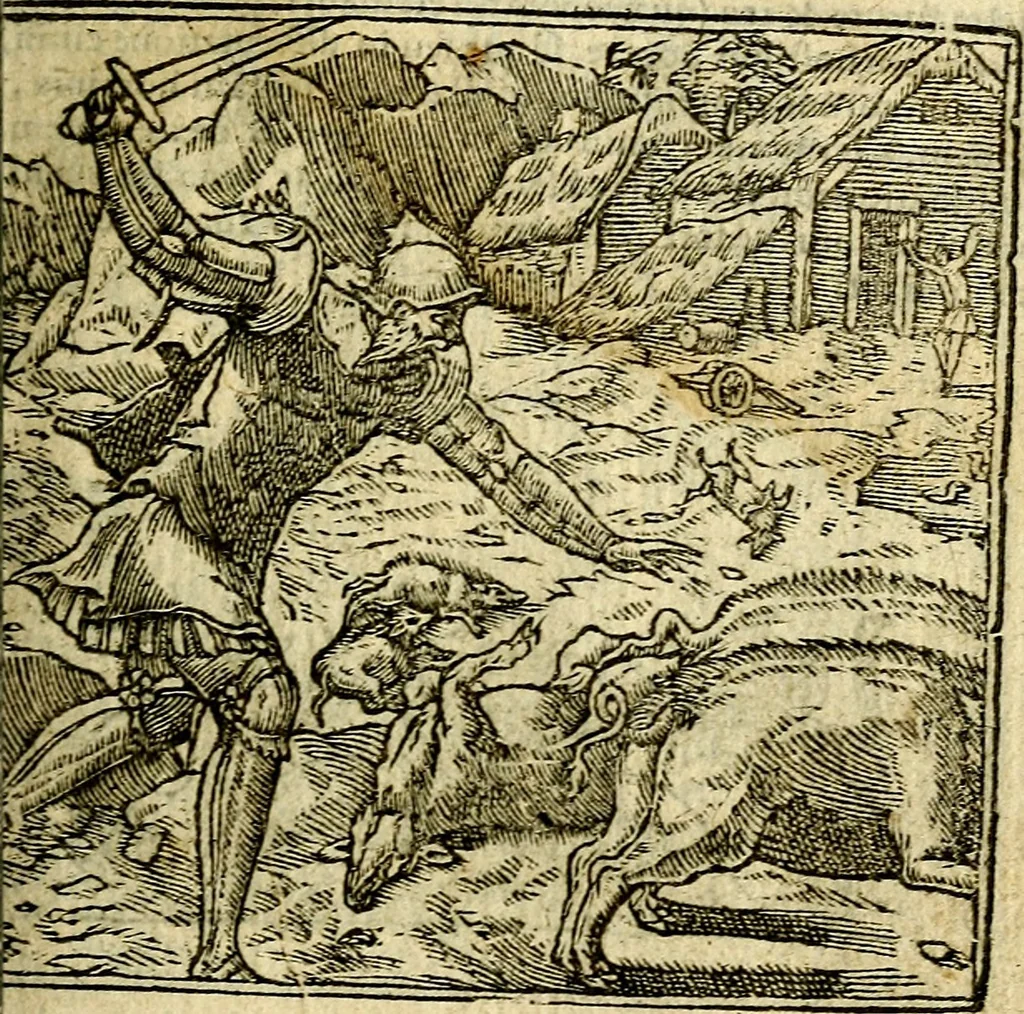 An illustration from Omnia D. And. Alciati Emblemata : ad qvae singula praeter concinnas acutásque inscriptiones, lepidas & expressas imagines, ac caetera omnia, quae prioribus nostris editionibus cùm ad eorum distinctionem, tum ad ornatum & correctionem adhibita continebantur, : nunc primùm perelegantia persubtiliaq́ [ue], 1564, leaf 202