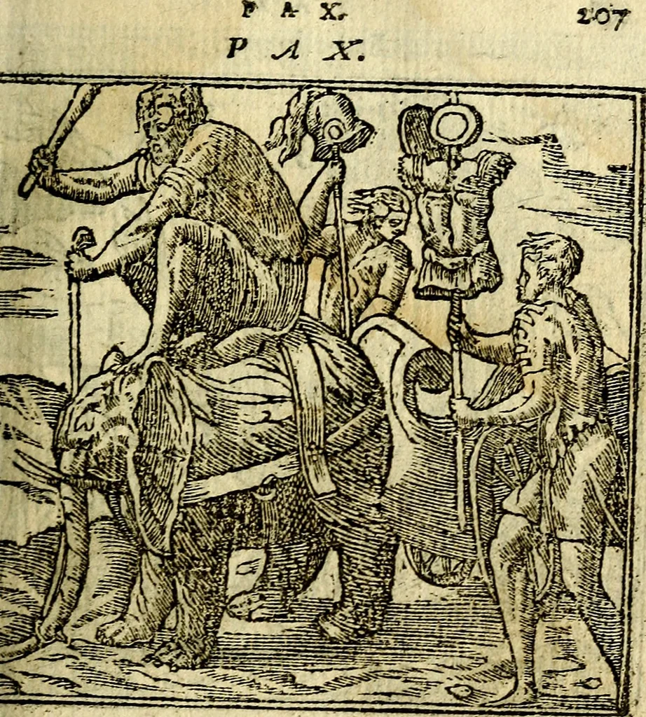 An illustration from Omnia D. And. Alciati Emblemata : ad qvae singula praeter concinnas acutásque inscriptiones, lepidas & expressas imagines, ac caetera omnia, quae prioribus nostris editionibus cùm ad eorum distinctionem, tum ad ornatum & correctionem adhibita continebantur, : nunc primùm perelegantia persubtiliaq́ [ue], 1564, leaf 204