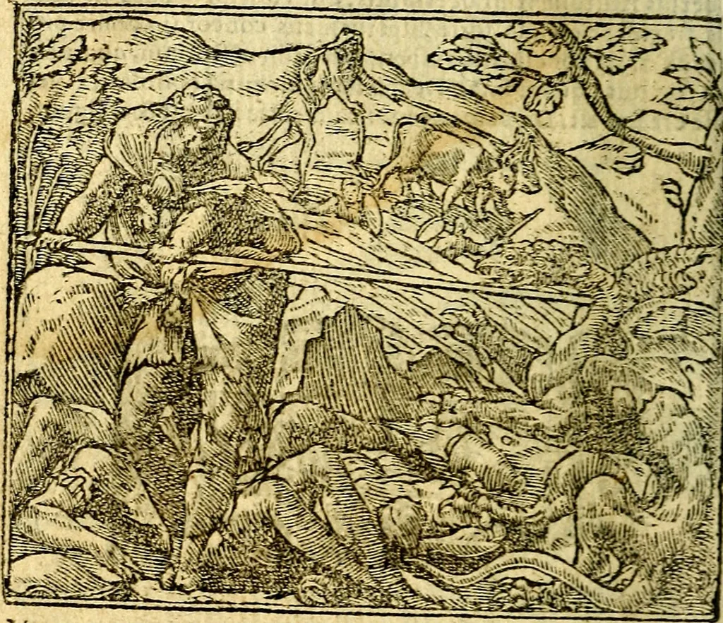 An illustration from Omnia D. And. Alciati Emblemata : ad qvae singula praeter concinnas acutásque inscriptiones, lepidas & expressas imagines, ac caetera omnia, quae prioribus nostris editionibus cùm ad eorum distinctionem, tum ad ornatum & correctionem adhibita continebantur, : nunc primùm perelegantia persubtiliaq́ [ue], 1564, leaf 217